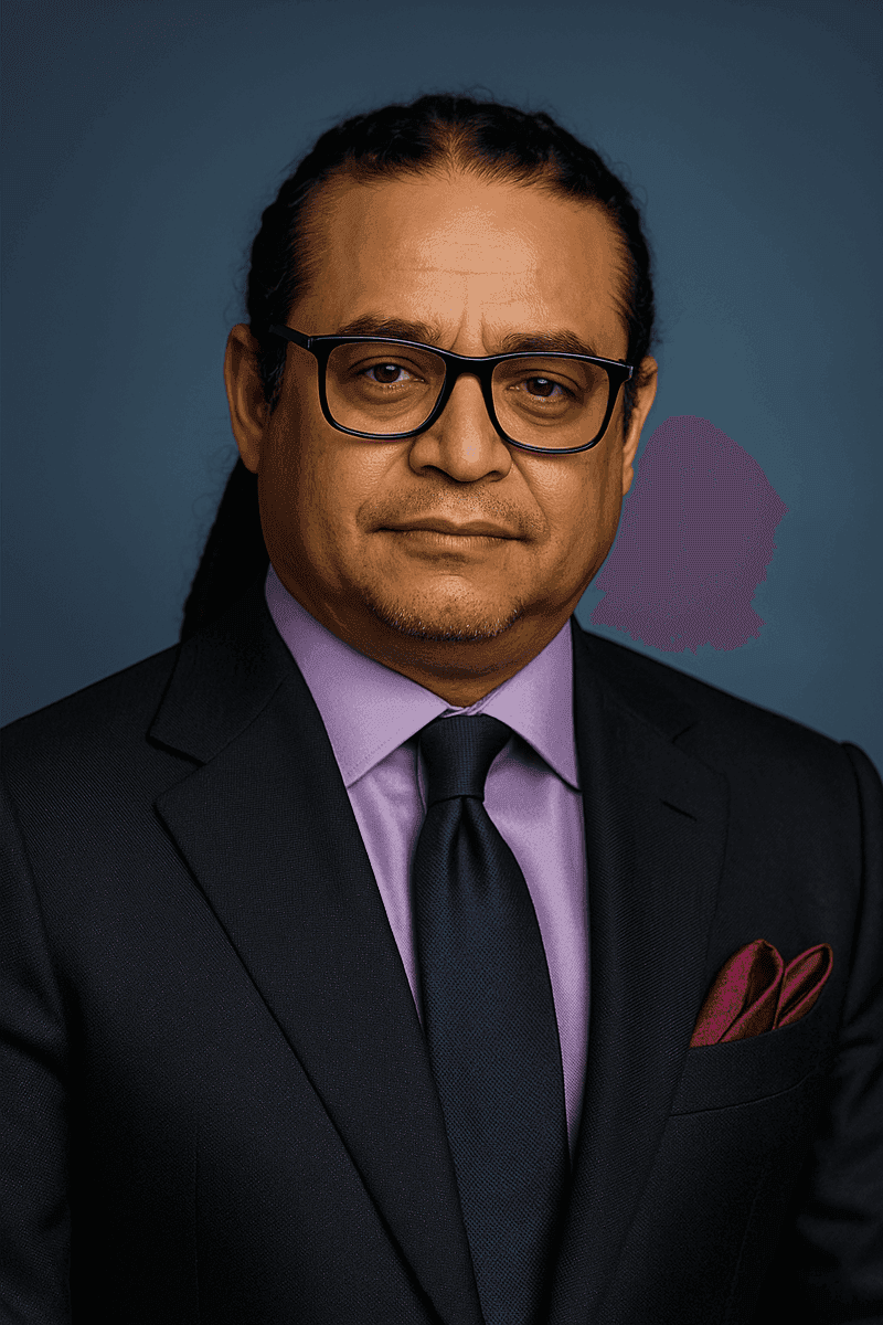 Professional man in suit with glasses, dark blue background.